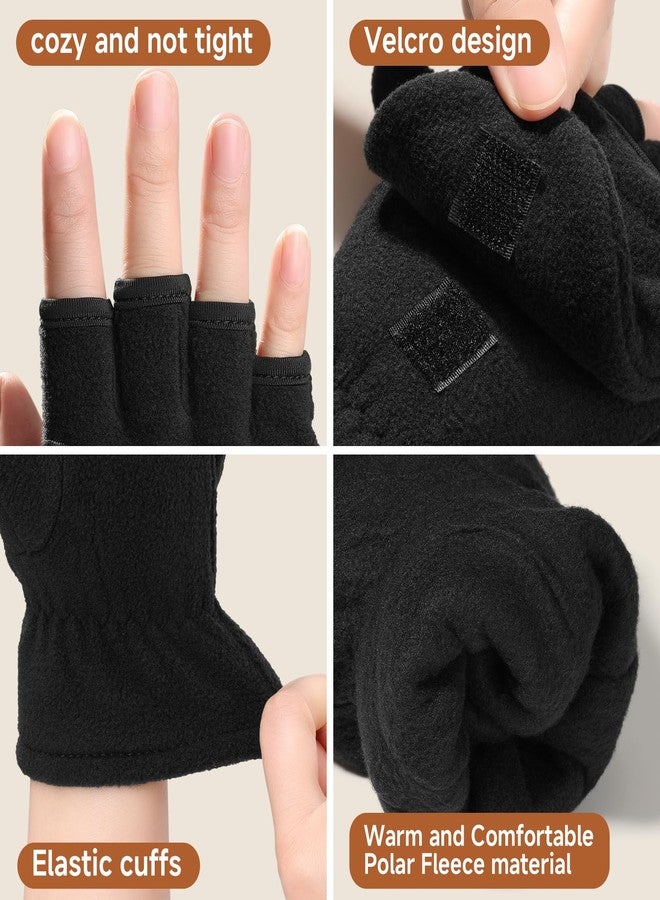 BESSTEVEN Winter Fingerless Gloves for Men Women | Convertible Flip Top Mittens - Thermal Polar Fleece Warm Lightweight for Texting Jogging - Black Medium - Image 4